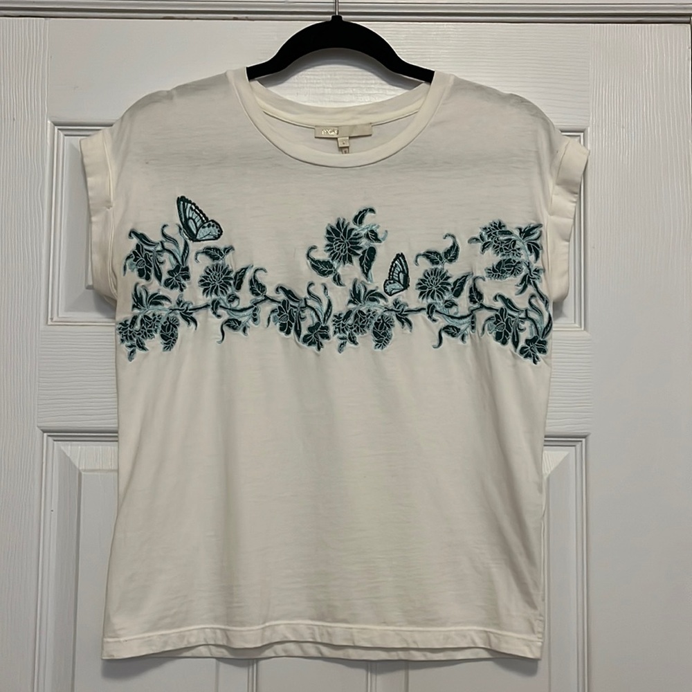 Maje short sleeve tee with floral embroidery. Size 2. Off-white